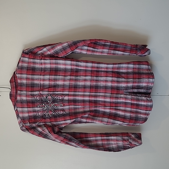 Wrangler Small Women's red black grey western plaid shirt lace frayed seams - Picture 4 of 8